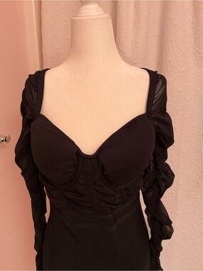 VENUS Black Mini Dress with Ruched Sheer Sleeves